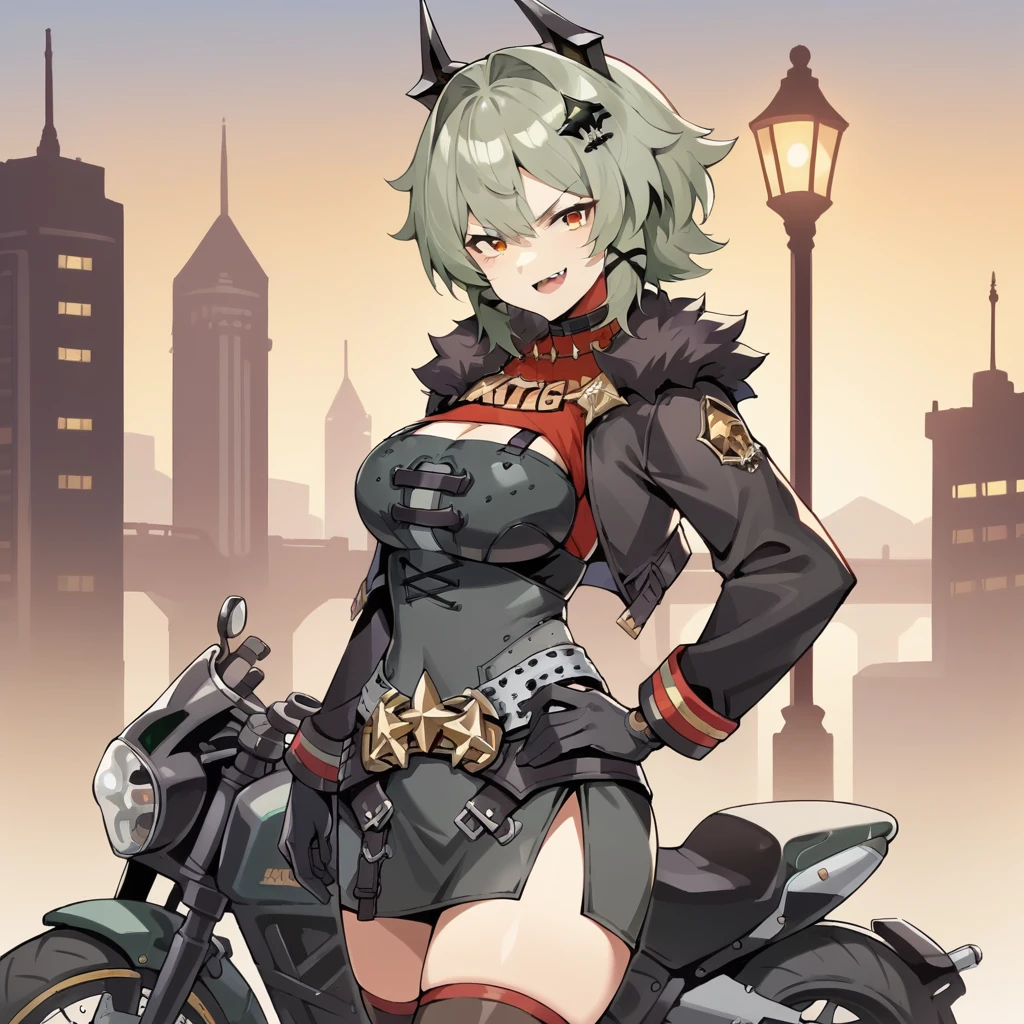 score_9_up, score_8_up, score_7_up, source_anime, masterpiece, best quality, 1girl, solo, Caesar_ZZZ, sun rise, sun light, street lamp, standing, hand on motorcycle, smug smirk, open mouth, looking at you, hand on hip, from side, green hair, grey hair, medium hair, yellow eyes, hair intakes, bodycon dress, black dress, cropped jacket, black thighhighs, black jacket, hair ornament, horns, corset, cleavage cutout, hair clip, belt, star (symbol), fur trim, fur-trimmed jacket, red shirt, turtlneck, black gloves, red collar, gold necklace, bike shorts, miniskirt, side slit, mature body, dynamic cowboy shot, outdoors, cityscape background