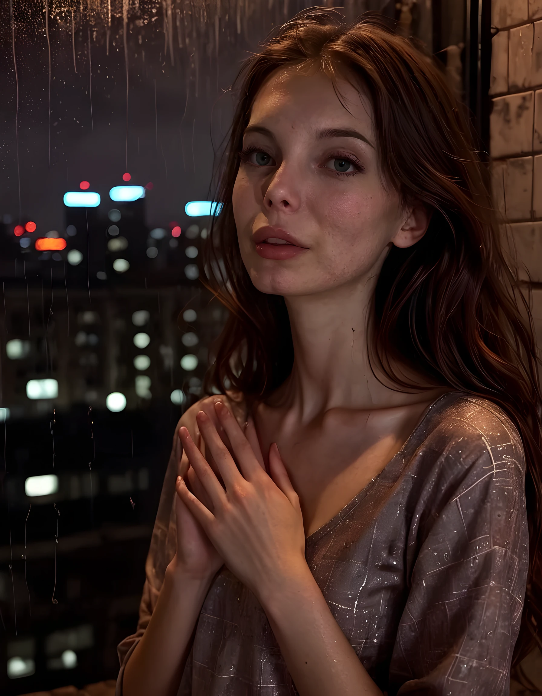 In a dimly lit, atmospheric noir-style setting, the hauntingly beautiful S0PH13L stands against a crumbling tile wall, her long, wavy brown hair cascading down her back in loose waves. Her eyes, dark and piercing, reflect the distant neon lights of a rainy cityscape beyond. She's clad in a unique, asymmetrical shirt with intricate patterns, the fabric shimmering subtly under the muted glow of the city. A single mole, just below her left eye, adds a mysterious allure to her otherwise ethereal appearance. Her slender fingers are crossed loosely over her chest as she gazes intently off into the distance, her pose exuding an air of quiet defiance and resilience amidst the gritty urban backdrop.