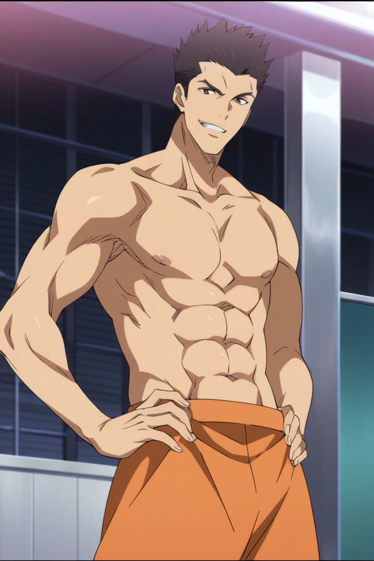 score_9, score_8_up, score_7_up, source_anime, rating_explicit, TaisukeKB, black Taisuke hair, black Taisuke eyes, 1boy, male focus, anime screencap, topless, abs, hands on hips, orange shorts, smirk, best quality, amazing quality, best aesthetic, absurdres