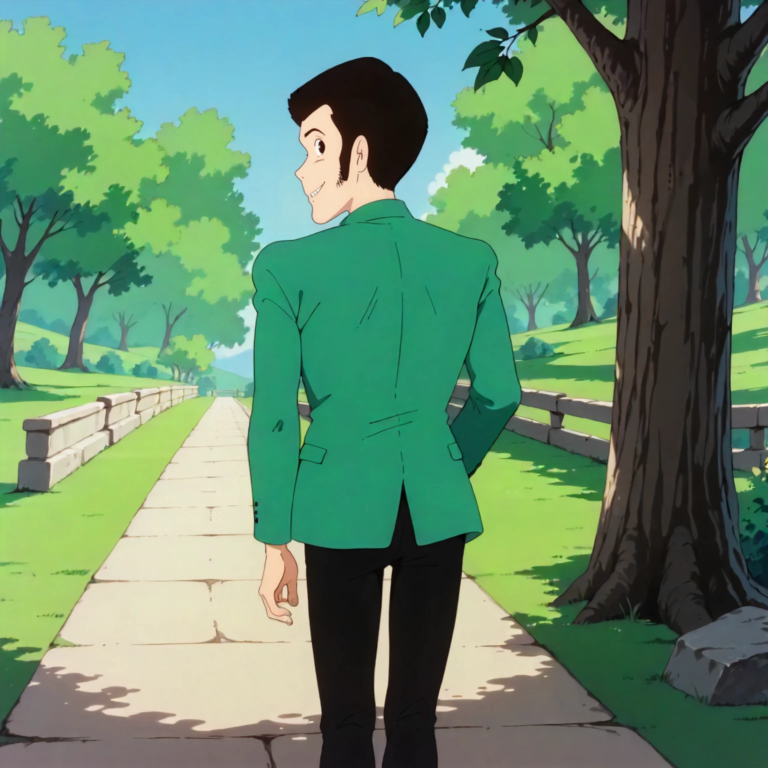 <lora:TCoC_LupinXLpony001>,
outdoors,nature,
looking at viewer,smile,
solo,
Lupin,1boy,black hair,short hair,black eyes,
green jacket,
black pants,
standing,looking back,