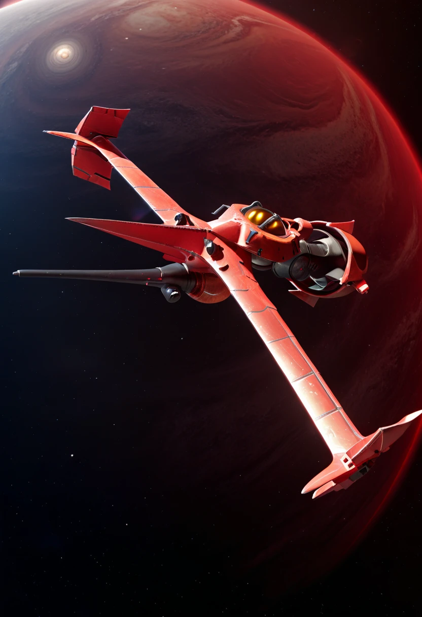 7-swordfish flying through space, red surface, jupiter  [reflections, accurate lighting, shadows, realistic, high quality photo, 4k, hd, render]