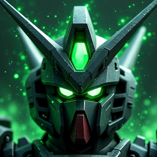 The image depicts a close-up of a mecha robot head, likely the gundam_exia from the Gundam series. The design is intricate, with sharp lines and various metallic elements, including multiple antennae or "V-fins" that protrude from the head. The robot's eyes are glowing a vibrant green, and there's a prominent green jewel or energy core at the center of its forehead. Surrounding the head is a field of glowing green particles or sparkles, adding a dynamic and mystical effect to the image. The overall color scheme includes shades of gray for the metal, with green and blue highlights, giving it a futuristic and powerful appearance.