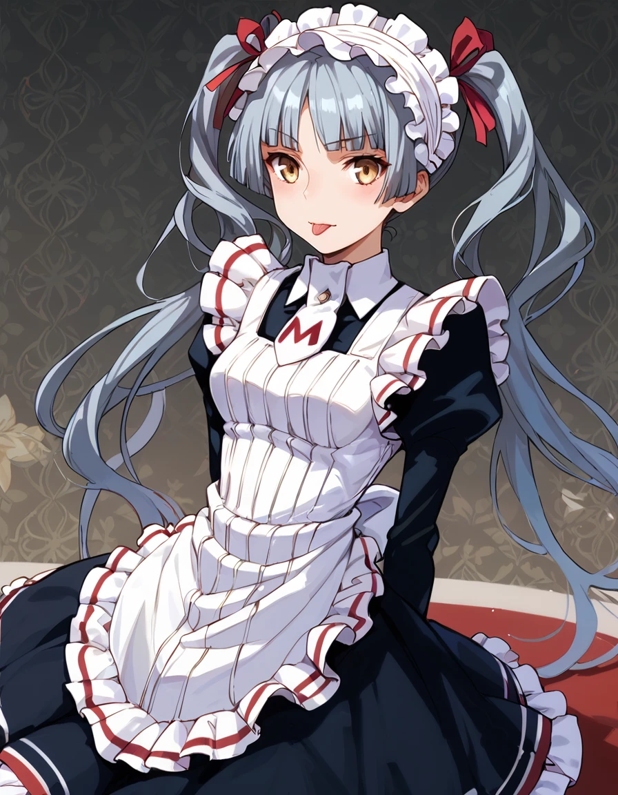 (PonyXLV6_Scores), source_anime, medium breasts, arm behind back, blush, tongue, tongue out, raised eyebrows, <lora:MatsurikaShinouji_v1:1>, shinouji matsurika, maid headdress, maid apron, yellow eyes, grey hair, twintails, hairband, bloomers, ribbon, [petite:skinny:8], patterned background