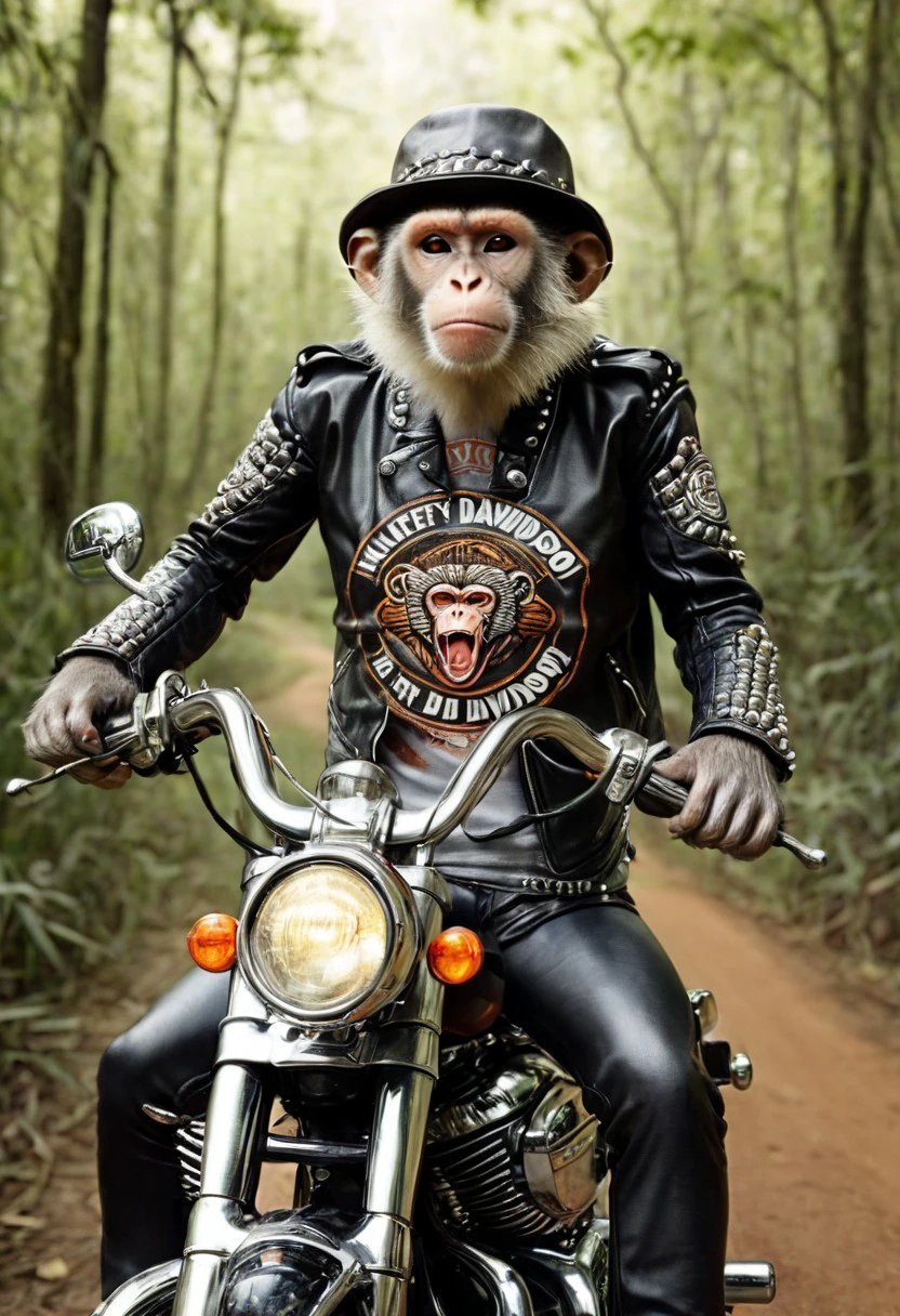 "Vervet monkey", "ultra realistic with high quality and ultra detail with excellent focus of Vervet monkey, represented as rocker, rocker leather jacket and rocker leather hat on head, riding Harley-Davidson motorcycle, jungle, savanna, forest, ((cigarette in mouth))