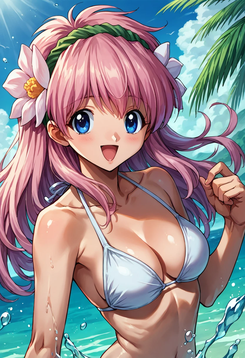 score_9, score_8_up, score_7_up, source_anime BREAK 1girl, solo, ga_milfeulle, (1990s\(style)\:0.9), bikini, white color bikini, cleavage, pink hair, bangs, hair flower, hairband, long hair, blue eyes, looking at you, smile, open mouth, dynamic pose, water park <lora:ga_milfeulle_2-000013:1>