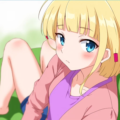 The image features a close-up illustration of louise_halevy, a female character with blonde hair and blue eyes. She has a slightly pouty expression and a faint blush on her cheeks, giving her a somewhat shy or reluctant look. Her hair is styled with pink hair clips, and she is wearing a casual outfit that includes a pink long-sleeve shirt and a purple tank top underneath, paired with blue shorts.   The perspective is angled from above, with the character reclining on what appears to be a green surface, possibly a couch or a bed. The image has a focus on her upper body and legs, emphasizing her relaxed pose. The shading and details in the clothing add depth to the image, while the bold lines and vibrant colors are characteristic of anime or manga art styles. The overall mood of the image is casual, with a slight hint of bashfulness in the character's expression.