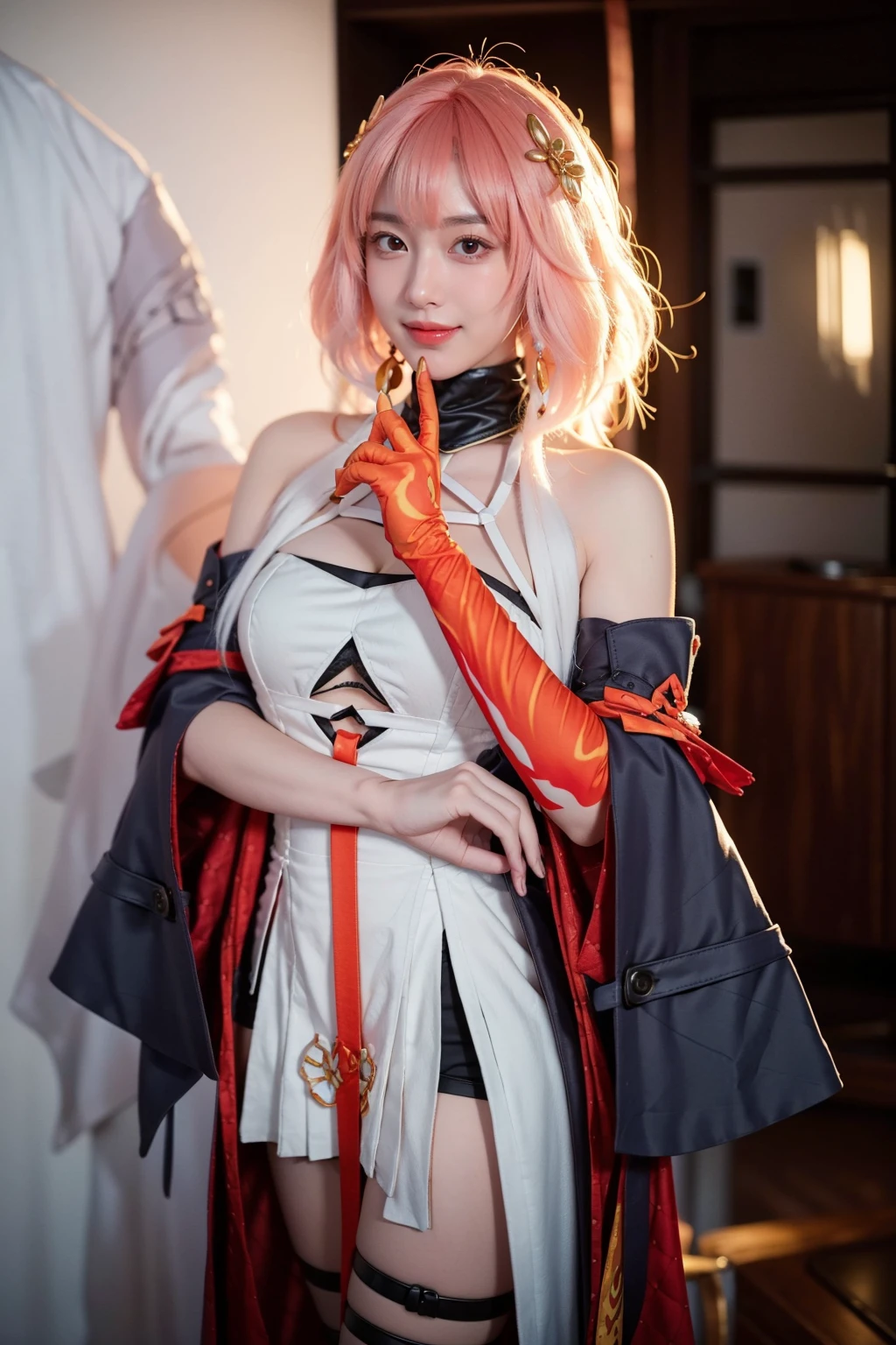 realistic,photorealistic,best quality,masterpiece,highres,8k,RAW photo,ultra-detailed,cowboy shot,1girl,solo,smile,looking at viewer,standing,changli cosplay costume,changli,cosplay,gradient hair,multicolored hair,pink hair,white hair,long hair,dress,bare shoulders,clothing cutout,cleavage cutout,thighhighs,thigh strap,detached sleeves,wide sleeves,single glove,elbow gloves,hair ornament,<lora:WutheringWaves_Changli_cosplay_costume_v1:0.7>,