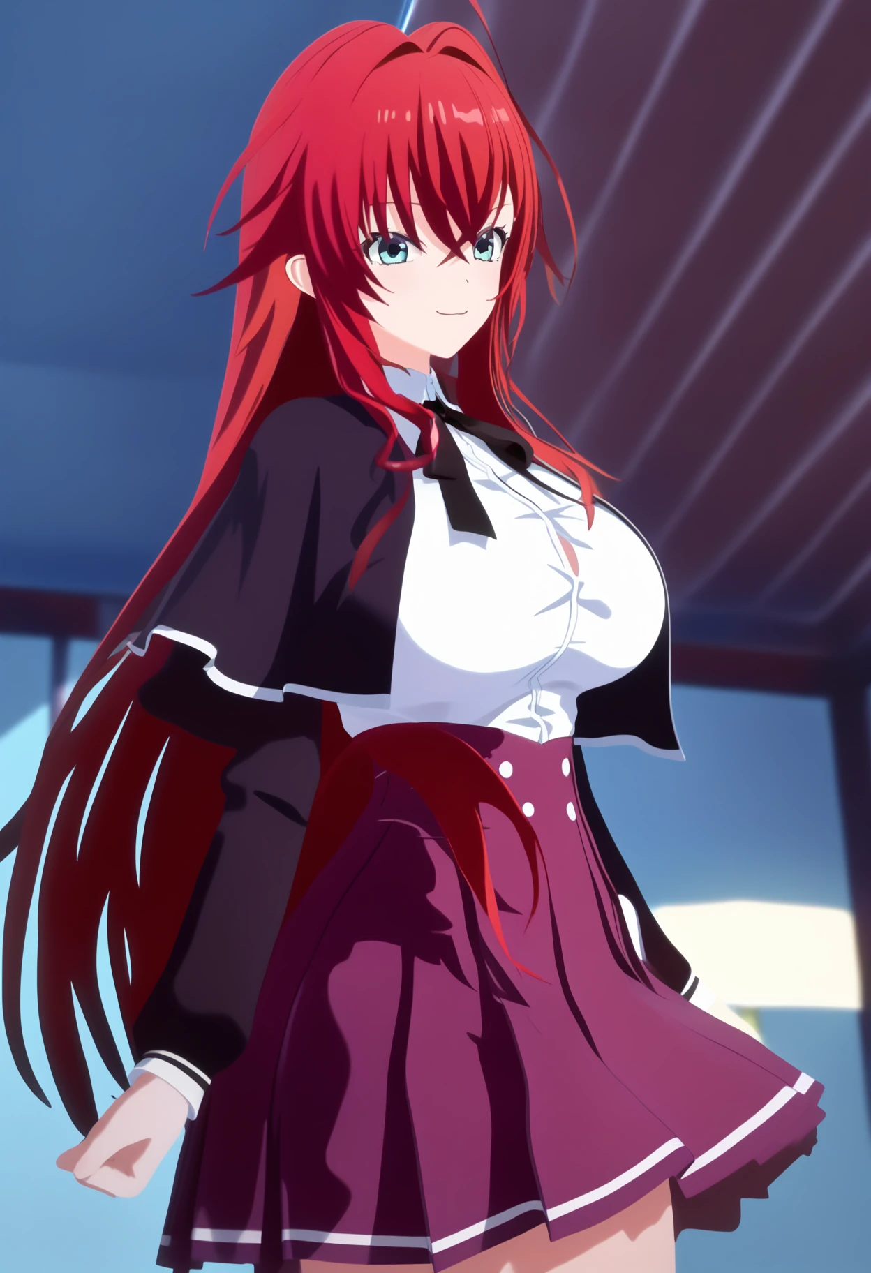 score_9, score_8_up, score_7_up, rating_explicit, source_anime,<lora:HandFineTuning_XL:0.8>
BREAK 
1girl, solo, <lora:rias-pdxl-nvwls-v1:0.6> dxdRG, red hair, ahoge, long hair, big breasts, black capelet, neck ribbon, white shirt, long sleeves, school uniform, purple skirt
looking at viewer, smile,
<lora:shiLaneV2:1>,3d,