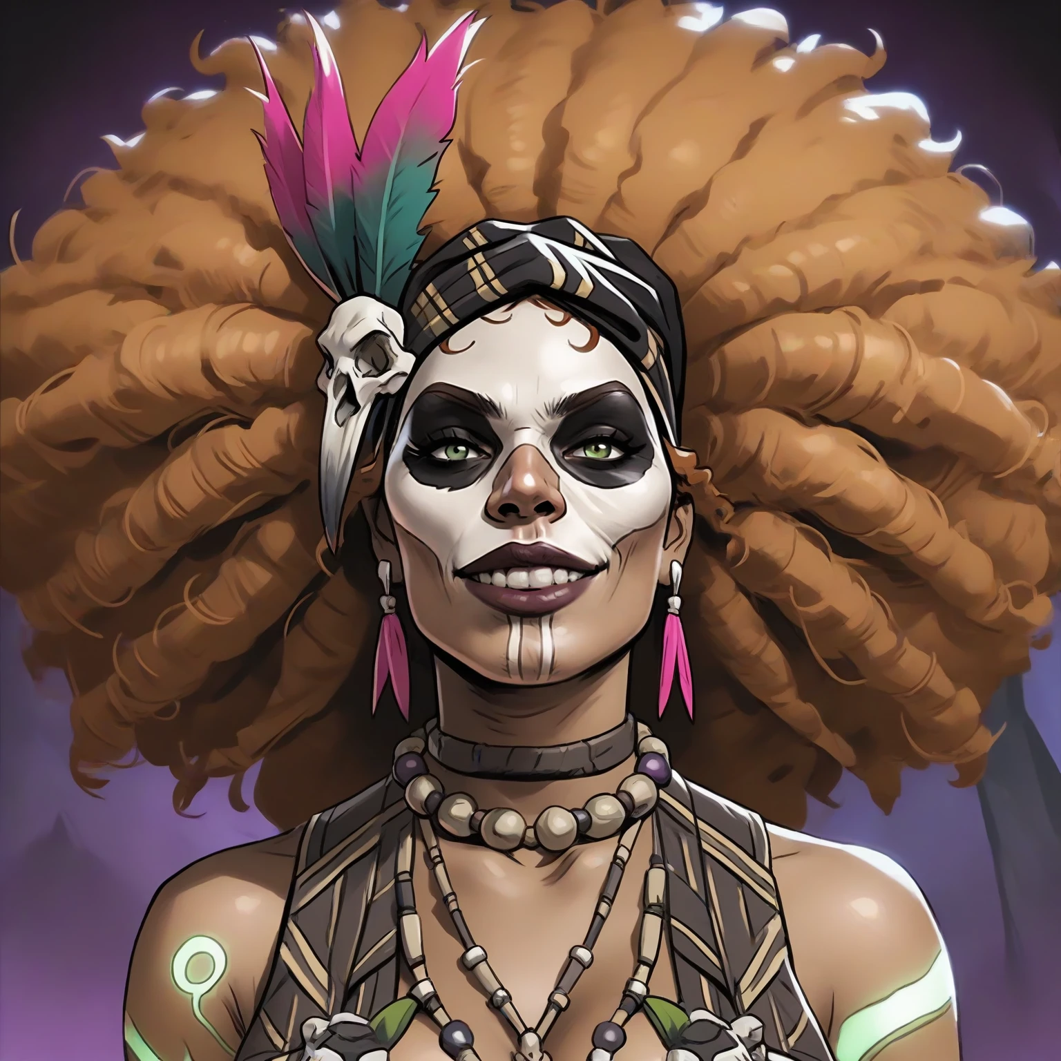 score_9), score_8_up, score_7, score_6_up, MaBriSmi, detailed background, skull face paint, facepaint, smirk, standing, portrait,
solo, green eyes, arm tattoo, hair ornament, looking at viewer, large breasts, skull face paint, dark-skinned female, feather hair ornament, afro,
(festival spirits, graveyard),
<lora:Maman Brigitte - Smite_epoch_6:0.9>,