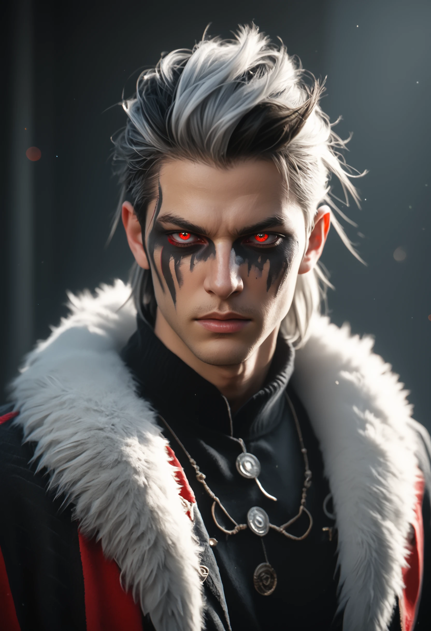 1boy, male focus, genderless, solo, femme, non binary, grey face paint stripe, eyeliner, makeup, white hair, two tone hair, multicolored hair, dyed bangs, black hair, grey hair, glowing eyes, red eyes, colored sclera, red sclera, white pupils, bird like, bird beak, flared button up jacket, multicolored hair, striped suit, white sleeves, feathered scarf, fur trim, dancer outfit, faux hawk, bird themed, punk theme,  DynaPortrait_PDXL  BREAK PonyXLV6_Scores