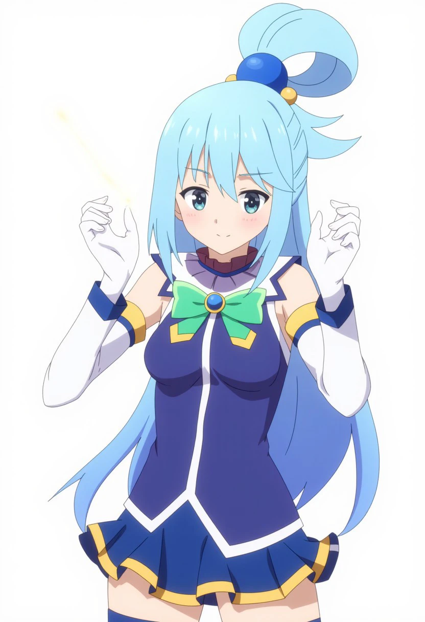 Aqua, 1girl, long blue hair, tied in a high ponytail with a spherical blue accessory, reflects her energetic and lively personality. Light emanates from her fingertip, hinting at her divine powers .She wears a form-fitting blue and white outfit with gold accents. Her dress features a blue bodice with a white trim, paired with a short skirt with gold detailing. White gloves cover her forearms, and she wears thigh-high socks, complementing the outfit. Her playful, confident expression matches her dynamic pose, as she gestures and smiles engagingly at the viewer.