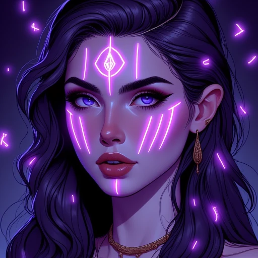 1woman, portrait, glowing runes on face, purple glowing runes