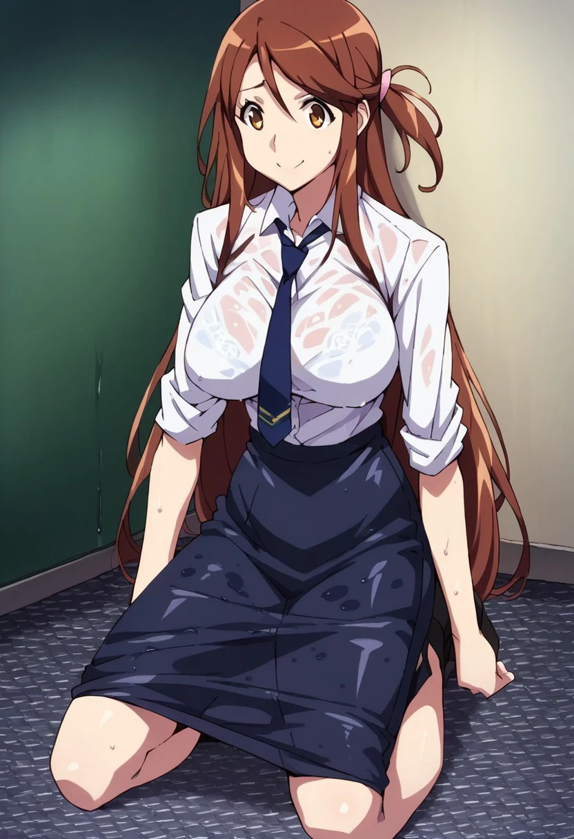 score_9, score_8_up, score_7_up, score_6_up, 
Lida Nana, Lida Nana \(Rail Wars\), LidaNana,  1girl, solo, long hair, breasts, smile, skirt, large breasts, brown hair, shirt, brown eyes, very long hair, underwear, necktie, bra, wet, see-through, kneeling, wet clothes, sleeves rolled up, half updo, pencil skirt, wet shirt