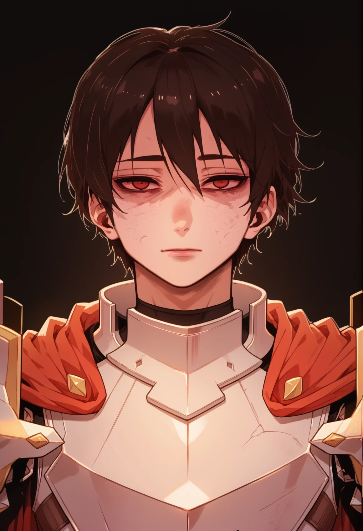 1boy, solo, kim_minsu, bags under eyes, short hair, red cape, armor, shoulder armor, looking at viewer, upper body, black background,  <lora:kim_minsu:1>, score_9, score_8_up, score_7_up, score_6_up