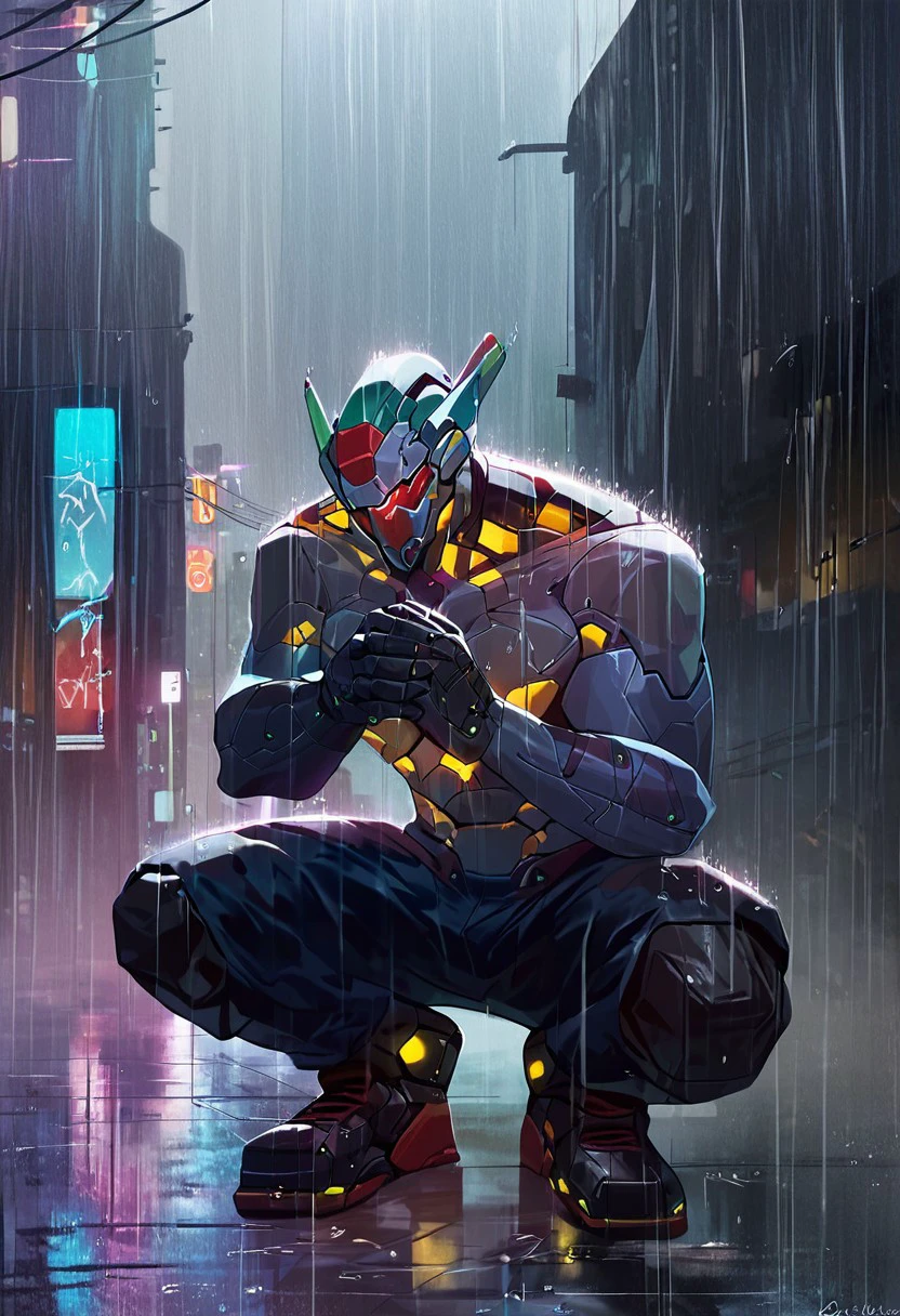 score_9, score_8_up, score_7_up,high defined,best hands,male focus,sp_mecha,topless,mecha,muscular,squatting,in cyberpunk street corner,raining