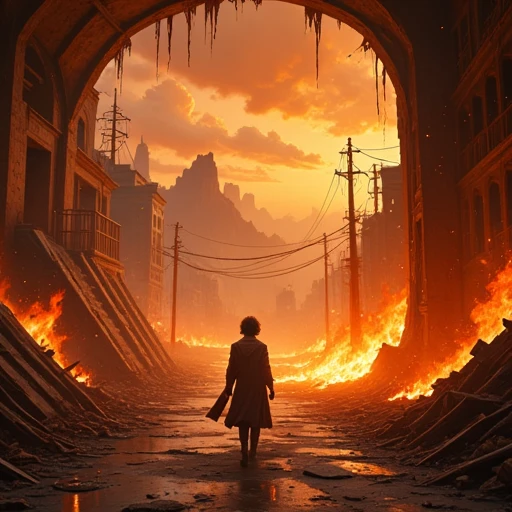 burning, energetic, scenery, broken, arch, broken glass, fire, short hair, power lines, epic, mighty, infernal, utility pole, fiery, water, sunlight, cityscape, orange theme, torch, indoors, stairs, fearsome, molten rock, cave, debris, brown theme, menacing, fantasy, mountain, english text, sky, rubble, tree