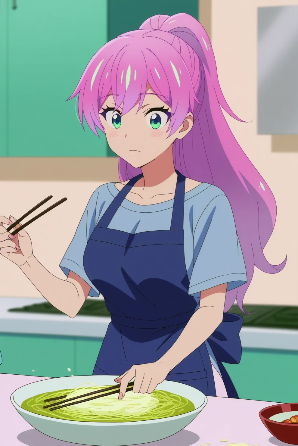 score_9, score_8_up, score_7_up, anime screencap,source_anime, anime coloring,anime screencap, consistent background, 1girl, akari watanabe,mature,pink hair, multicolored eyes, cooking, pink hair, apron, blue apron, chopsticks, ponytail, long hair, holding, shirt, short sleeves, blue shirt, holding chopsticks,<lora:Akari Watanabe_epoch_1.safetensors:1>