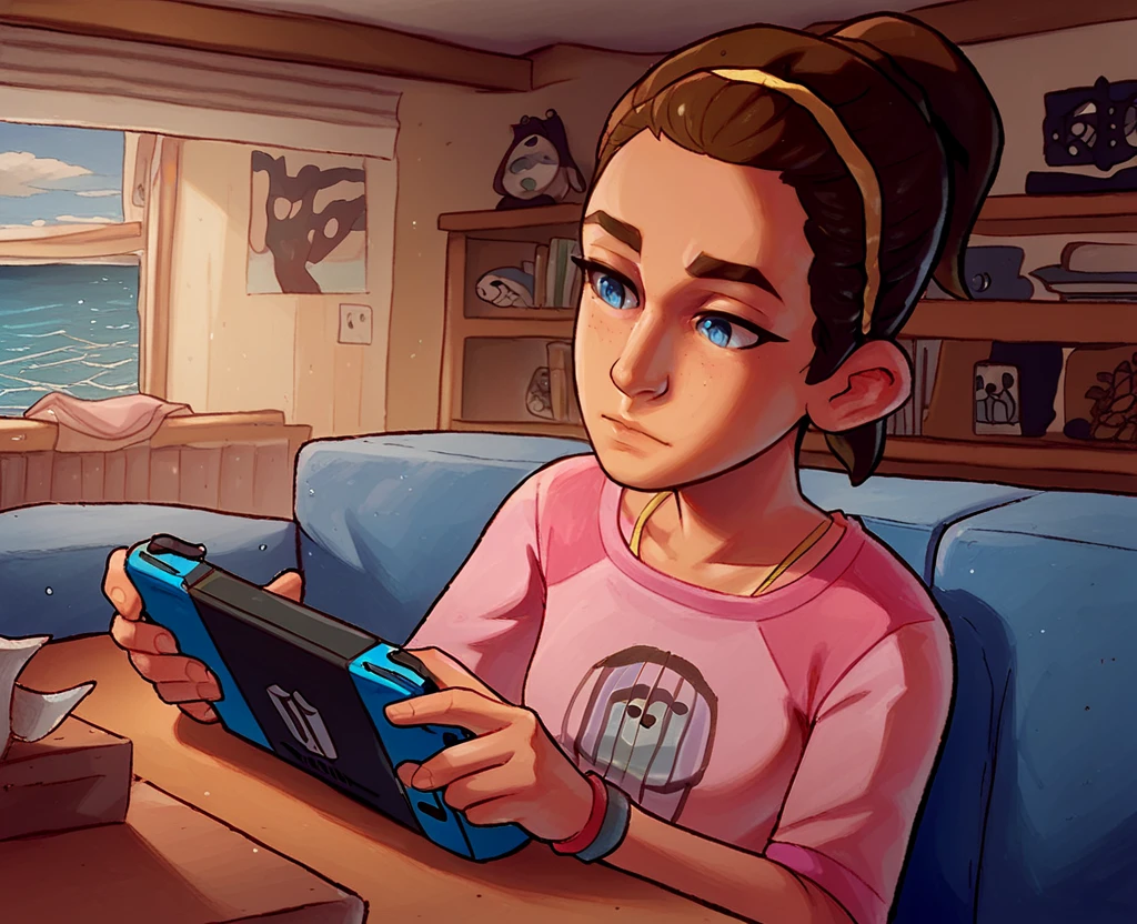 line art, water color, traditional media, anime coloring, score_9, score_8_up, score_7_up, score_6_up, Max-Caulfield, 1girl, shorts, ponytail, pink shirt, blue eyes, brown hair, solo, playing Nintendo Switch in the living room, on the couch, upper body
 <lora:Expressive_H:.5>    <lora:Before_the_Storm_Max_Caulfield:1>