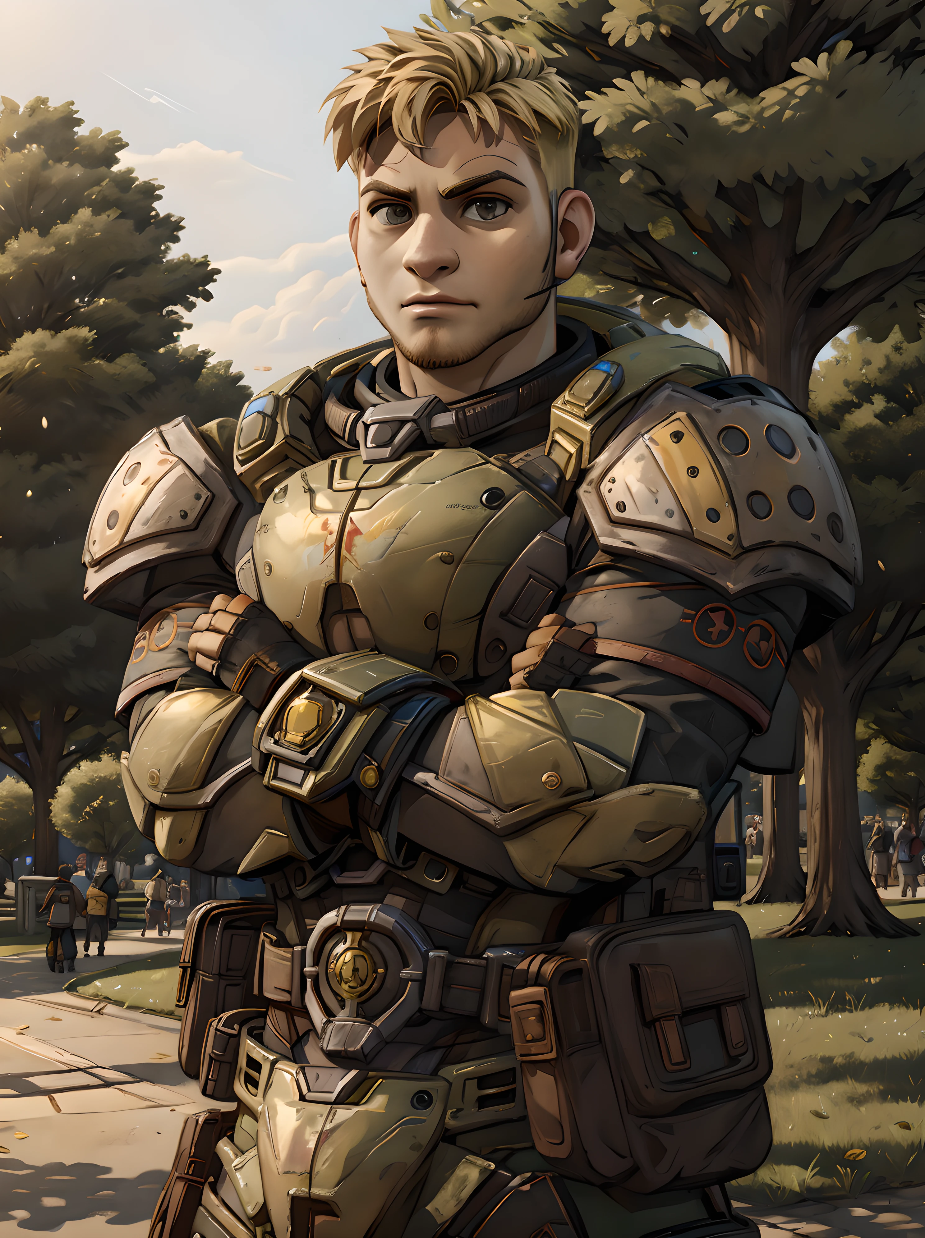 garron_paduk, looking at viewer, town, daytime, park, trees, armor, short hair, blonde hair, muscular, crossed arms <lora:Garron_Paduk-15:0.8>