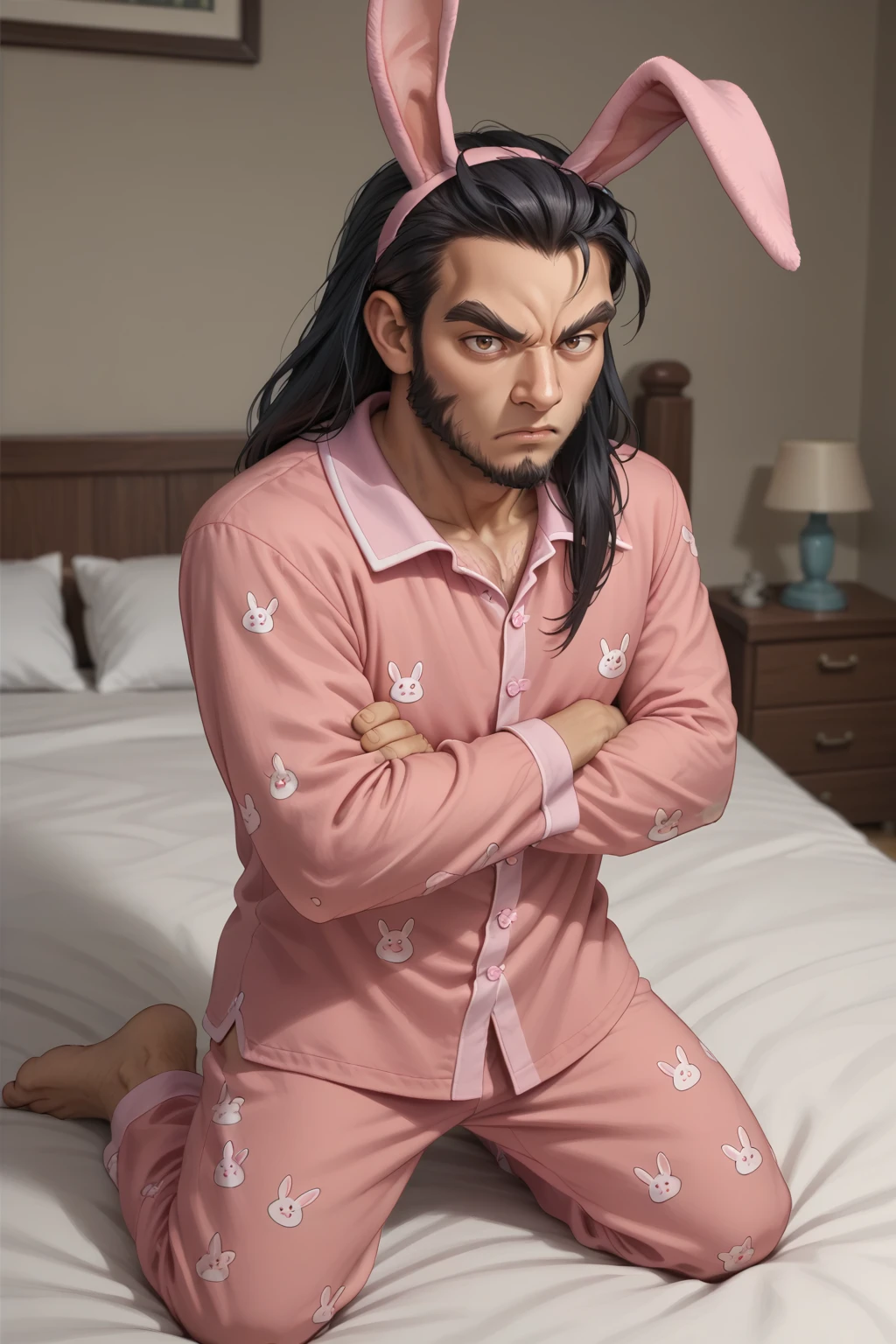 score_9, score_8_up, 1boy, solo <lora:NSAaditPortia:0.7> NSAaditPortia, male focus, long hair, black hair, facial hair, brown eyes, thick eyebrows, pink pajamas, bunny ears, angry, crossed arms, bed, kneeling, indoors