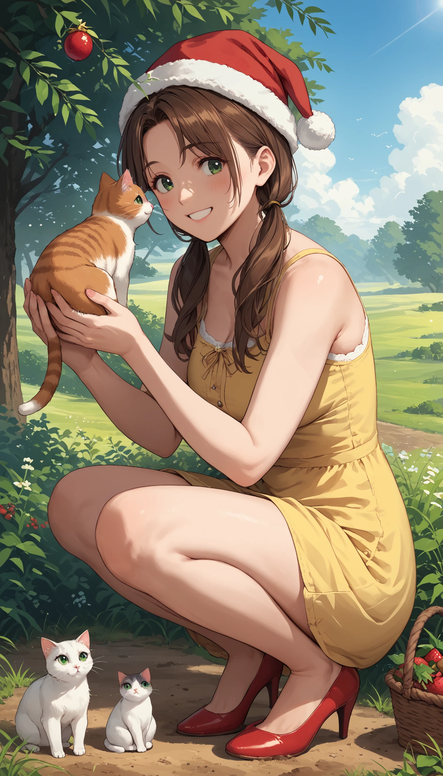 score_9, score_8_up, score_7_up, source_anime, 1girl, mature, brown hair, green eyes, twintails, long hair, squatting down, smiling, basket of delicious strawberries, yellow sundress, red high heels, santa hat, cat, kitten, petting cat, blue sky, sunshine, horizon, open grass field, dirt path