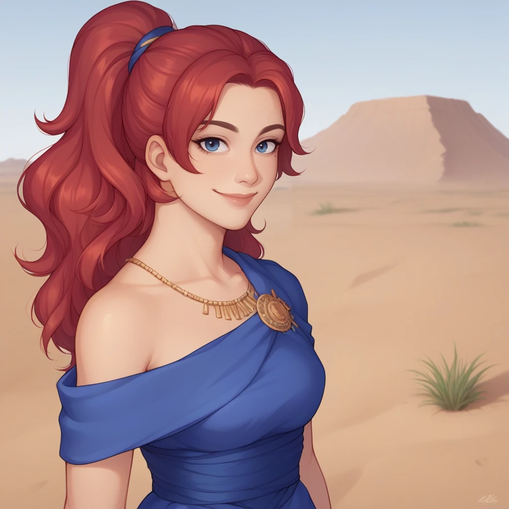 score_9, score_8_up, score_7_up, score_6_up, score_5_up, score_4_up, zPDXL2,source_anime,rating_questionable, 1girl,  looking at viewer, smile, outdoors, desert, <lora:Sandy_-_Stardew_Valley:0.8> sandy_sdv, long red hair, ponytail, jewelry, blue dress