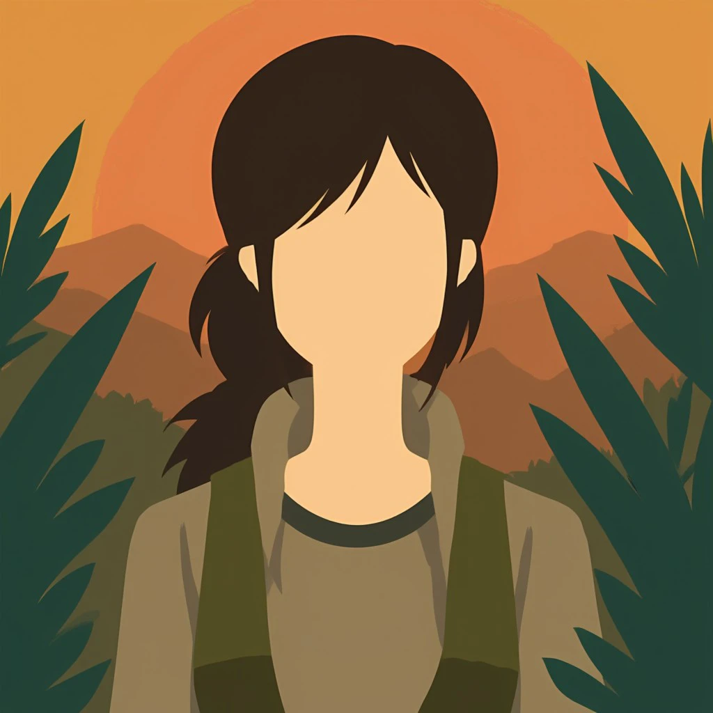 a minimal1st portrait of Lara Croft. She is faceless, with no visible eyes, nose, or mouth. The background is a minimal1st jungle in flat colors.