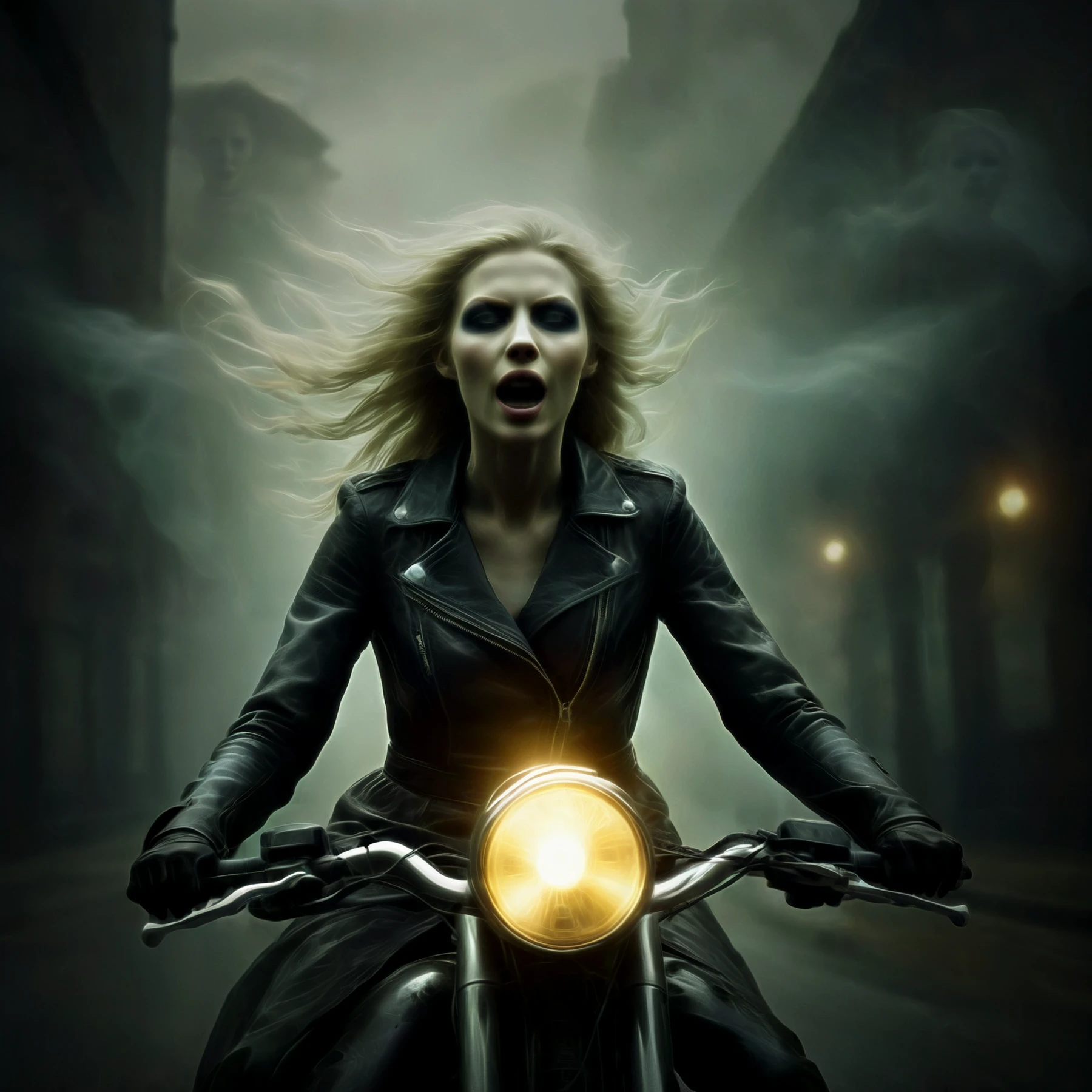 A beautiful young banshee woman Riding a motorcycle out of the misty city, screaming, terrifying, evil, ghostly, spectral, glowing, clad in leather.

<lora:Banshee01-05_CE_SDXL_128:0.9>