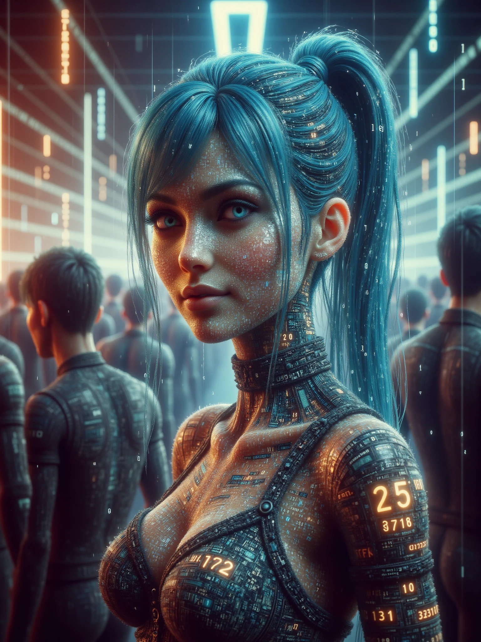 woman with light blue hair, cyberpunk, crowded bar, floating orange numbers, light smile (masterpiece:1.2), best quality<lora:Neon_Cyberpunk_Datastream_FLUX:0.8>