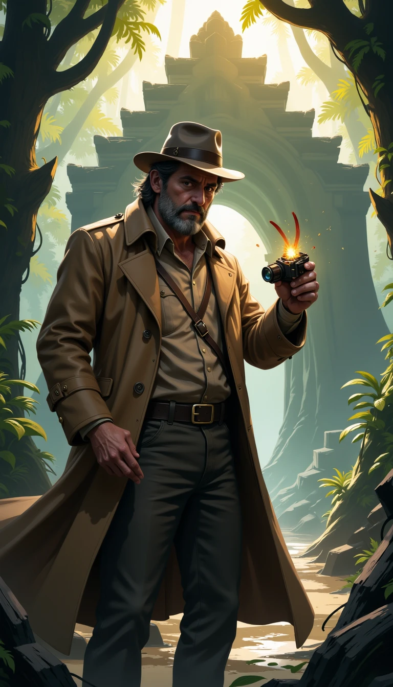 A weathered, determined-looking man in a worn trench coat and fedora, holding a mysterious artifact in one hand and a magnifying glass in the other, standing in front of a crumbling, ancient temple in a lush jungle, soft golden light filtering through the canopy, surrounded by exotic plants and animals, digital painting, intricate details, dynamic composition, vibrant colors, high-resolution, concept art for a video game or movie poster