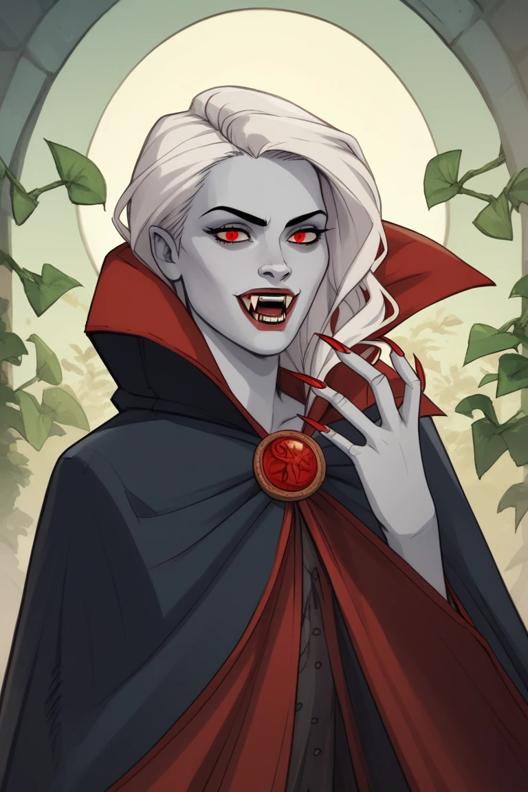 score_9, score_8, score_7, score_6,WHTStyle, WHTVampire, 1girl, upper body, portrait,
 fingernails, vampire, cape, grey skin, red eyes, plant, fangs, white hair, cloak, sharp fingernails