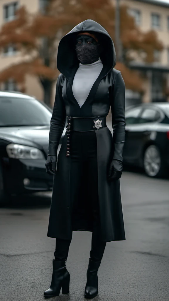 full body portrait 1girl, black gloves, white turtleneck, black hood, black mask, black mouth mask, black jacket, stands in the street  <lora:SisterNight1024:0.8>