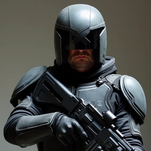 a man in a helmet and armor poses for a picture, a man in a helmet with a gun