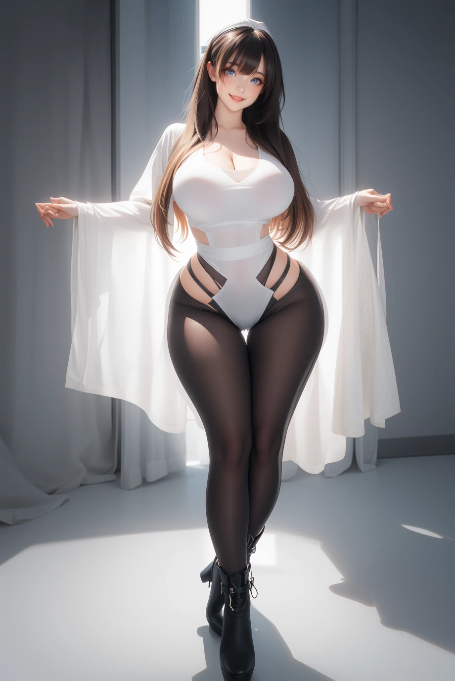 (masterpiece,best quality:1.2),(venusbody),cinematic light,perfect lighting,(perfect eyes, detailed eyes),perfect hands,(curvy:1.5),(narrow waist:1.2),1girl,(canonicals:1.5),high_heel_boots,toeless_boots,posing,stylish pose,mature female,milf,long hair,streaked hair,lips,makeup,(gigantic breasts:1.2),sagging breasts,thick lips,(skindentation),(wide hips:1.1),(thick thighs),(narrow waist),smile,<lora:kagurazakaMayufuLora_v01(ç¥æ¥½åçå¬):1:lbw=face>,mafuyu,