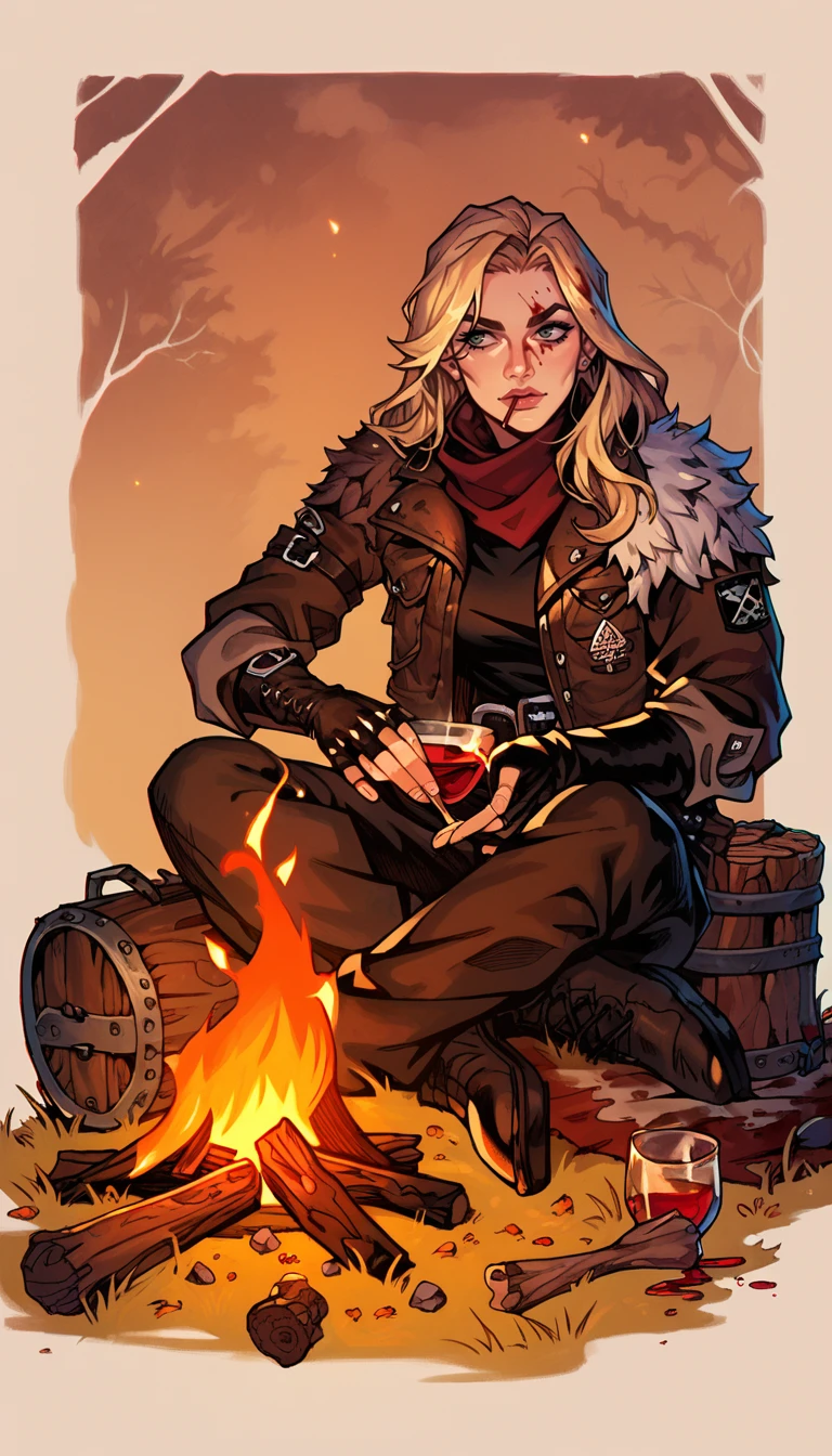 score_9, score_8_up, score_7_up, , multiple character, sitting around a campfire, campfire, camping, full body shot, camp supply, barrel, woods, sitting, wine glass, drunken, drinking, detailed background, wanderer, rogue, blonde hair, blood on clothes, , dark theme, low light, leather clothes,
<lora:Darkest_Dungeon_2_Style (1):0.7> , dd2
 <lora:MorryLycoXL:0.8>