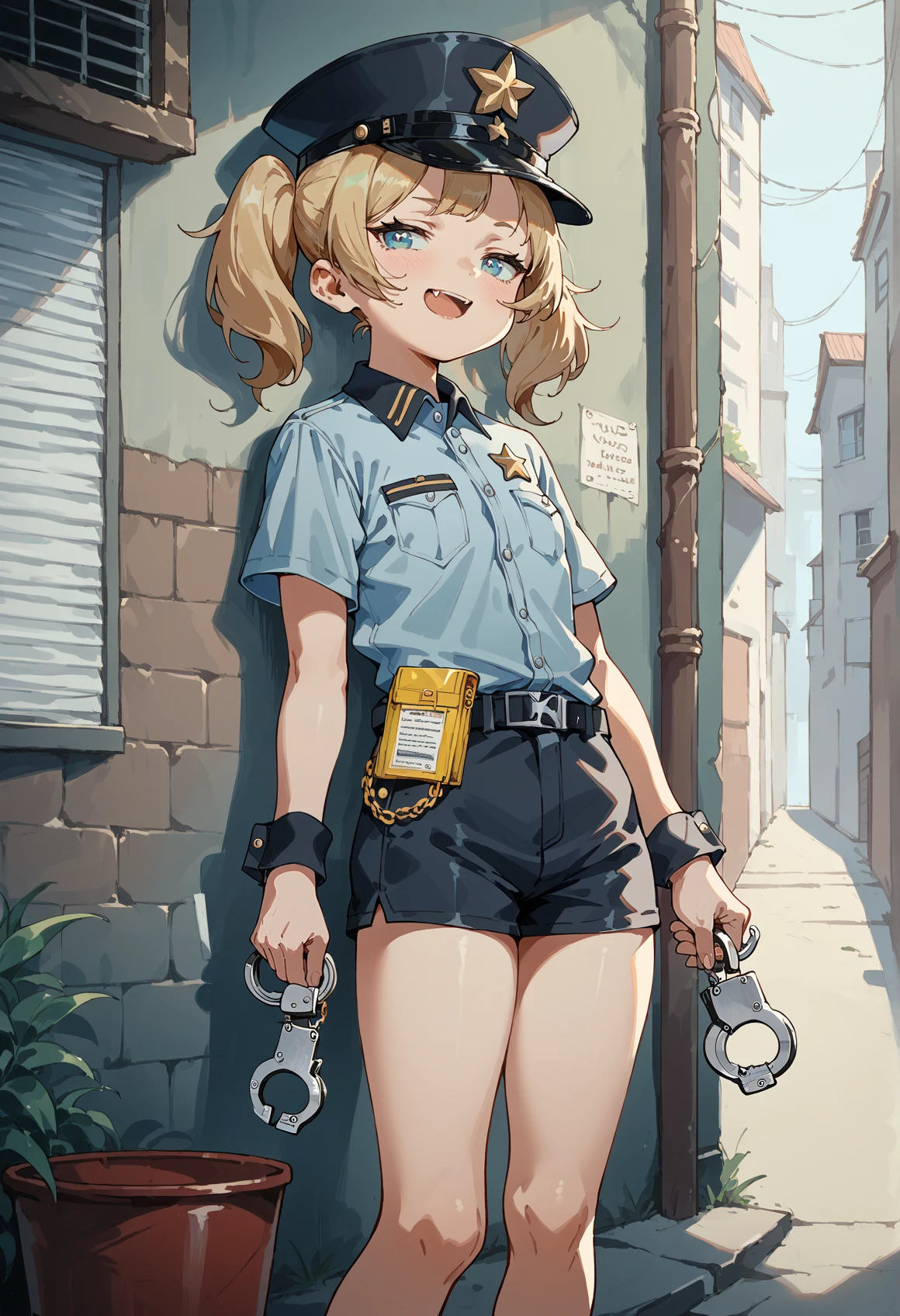 1girl, outdoors, city, grafitty, smug, half-closed eyes, :3. open mouth, fang, policewoman, holding handcuffs, looking at viewer, navel, wrist cuffs, blue eyes, twintails, blonde hair, alley, shorts, peaked cap,  <lora:waterkuma:1>, score_9, score_8_up, score_7_up, score_6_up, score_5_up, score_4_up, BREAK source_anime, masterpiece