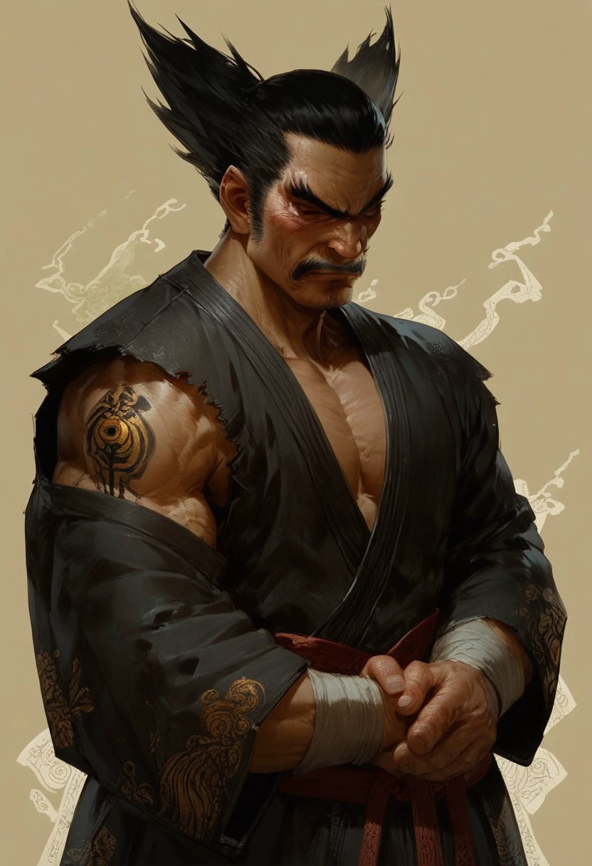 (score_9, score_8_up, score_7_up), score_6, score_5, score_4, 1 man, heihachi, black Dougi, black hair, standing with his arms folded in an ancient shotokan dojo,