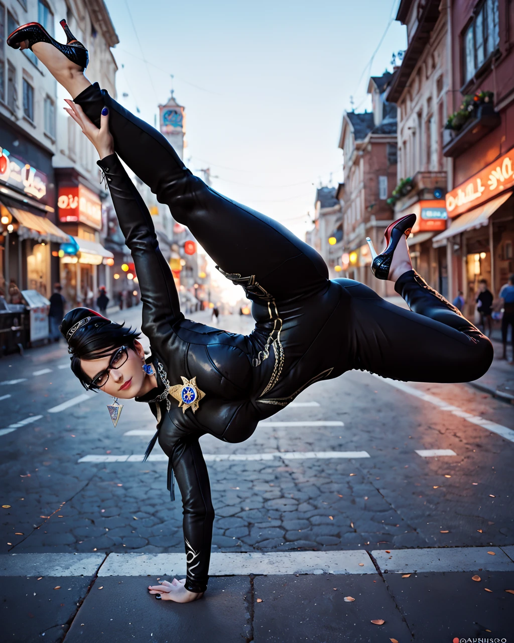 score_9, score_8_up, score_7_up, vibrant color, 1girl, <lora:bdancepxl:0.8>, bdancepxl, doing a handstand, one-handed stand, breakdance pose, motion, street, Bayonetta, black bodysuit, glasses, updo, high heels, pov
