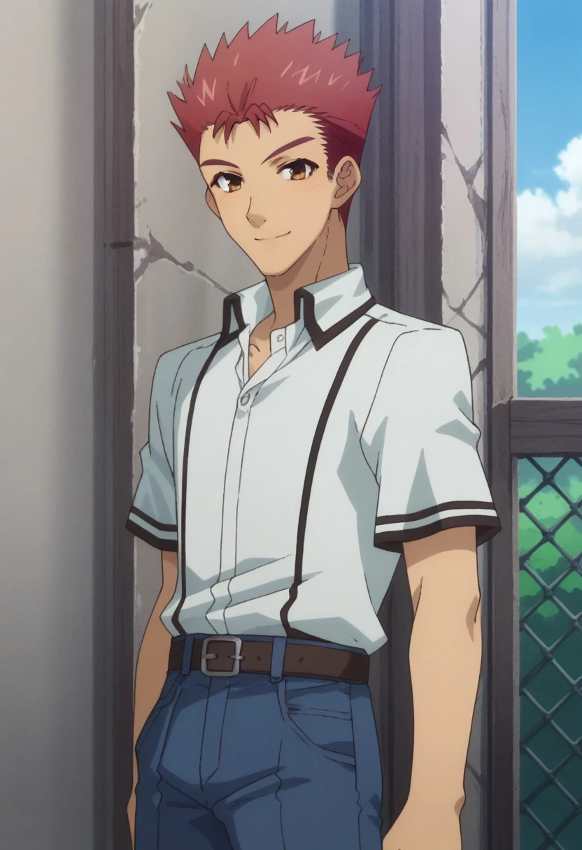 score_9, score_8_up, score_7_up, source_anime, highly detailed, 
yujisakamoto, 1boy, male focus, red hair, solo, school uniform, spiked hair, brown eyes, upper body, shirt, white shirt, short sleeves, belt, pants, blue pants, smile, looking at viewer,
outdoor, sky, tree