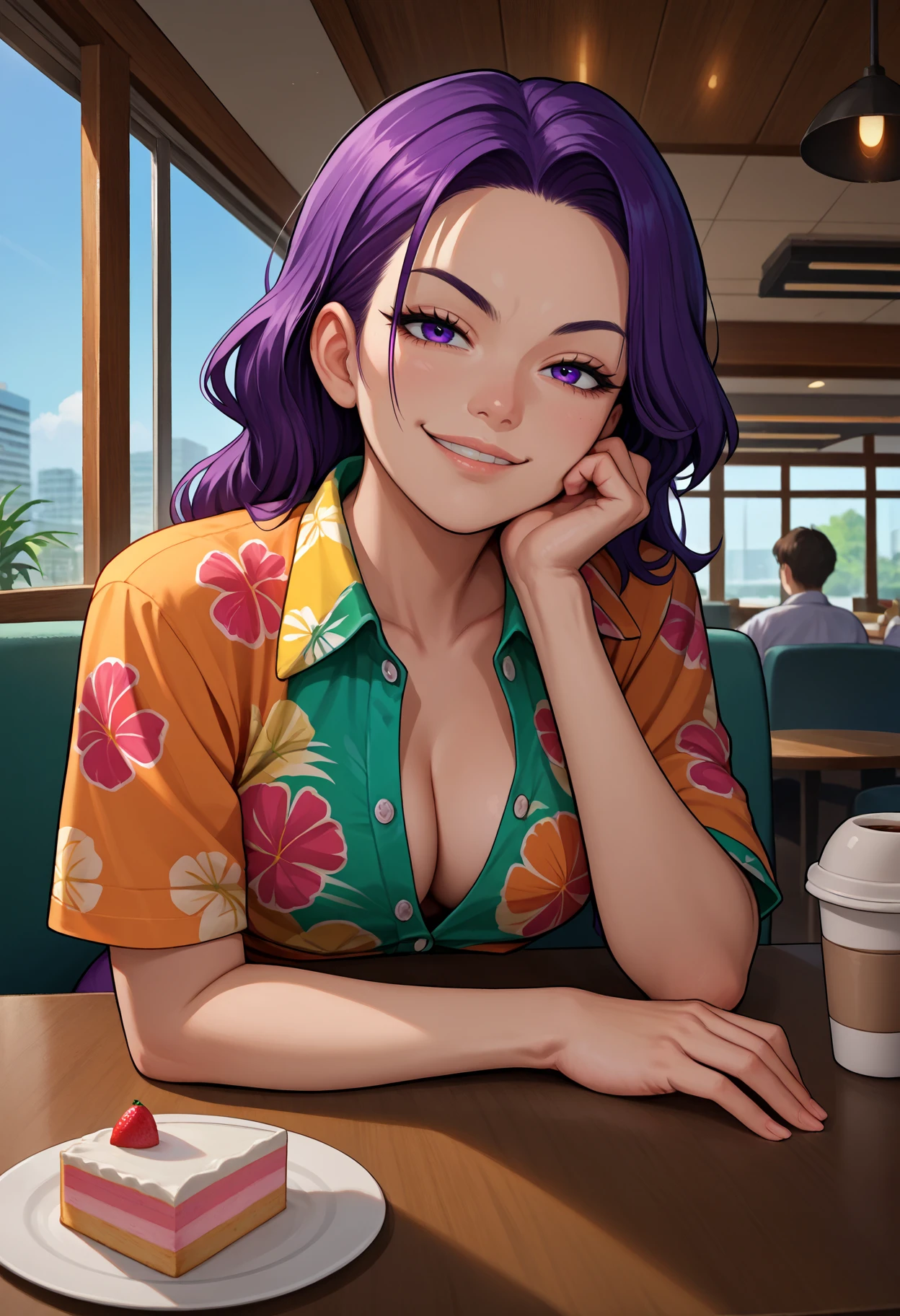 score_9, score_8_up,score_7_up, source_anime, 1girl, solo,
hawaiian shirt, dress shirt, unbuttoned, multicolored shirt, purple shorts,
looking at viewer, pov across table, pov, table, cafe, coffee, upper body, elbow rest, seductive smile, smirk, parted lips, cake
indoors,