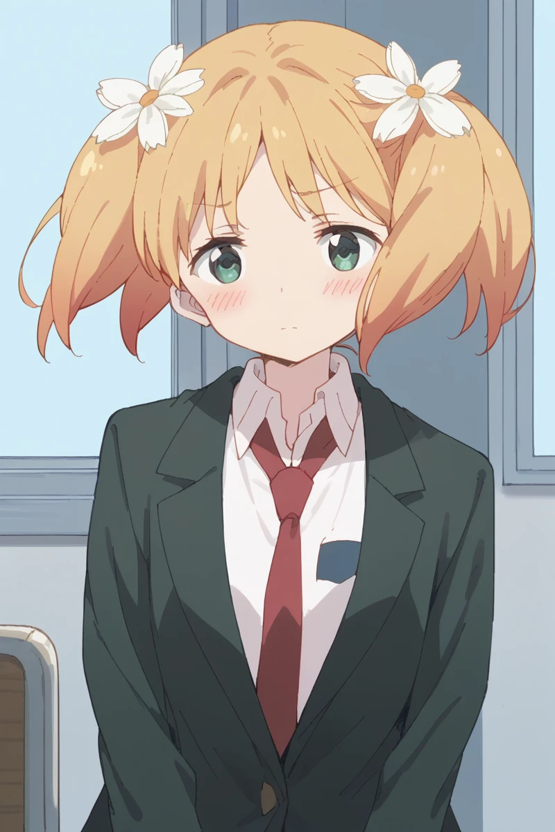 score_9, score_8_up, score_7_up, score_6_up, 
 <lora:Yuu_Sonoda:1> yuu, 1girl, hair flower, flower, hair ornament, solo, twintails, necktie, blonde hair, blush, green eyes, school uniform, suit, formal, blazer