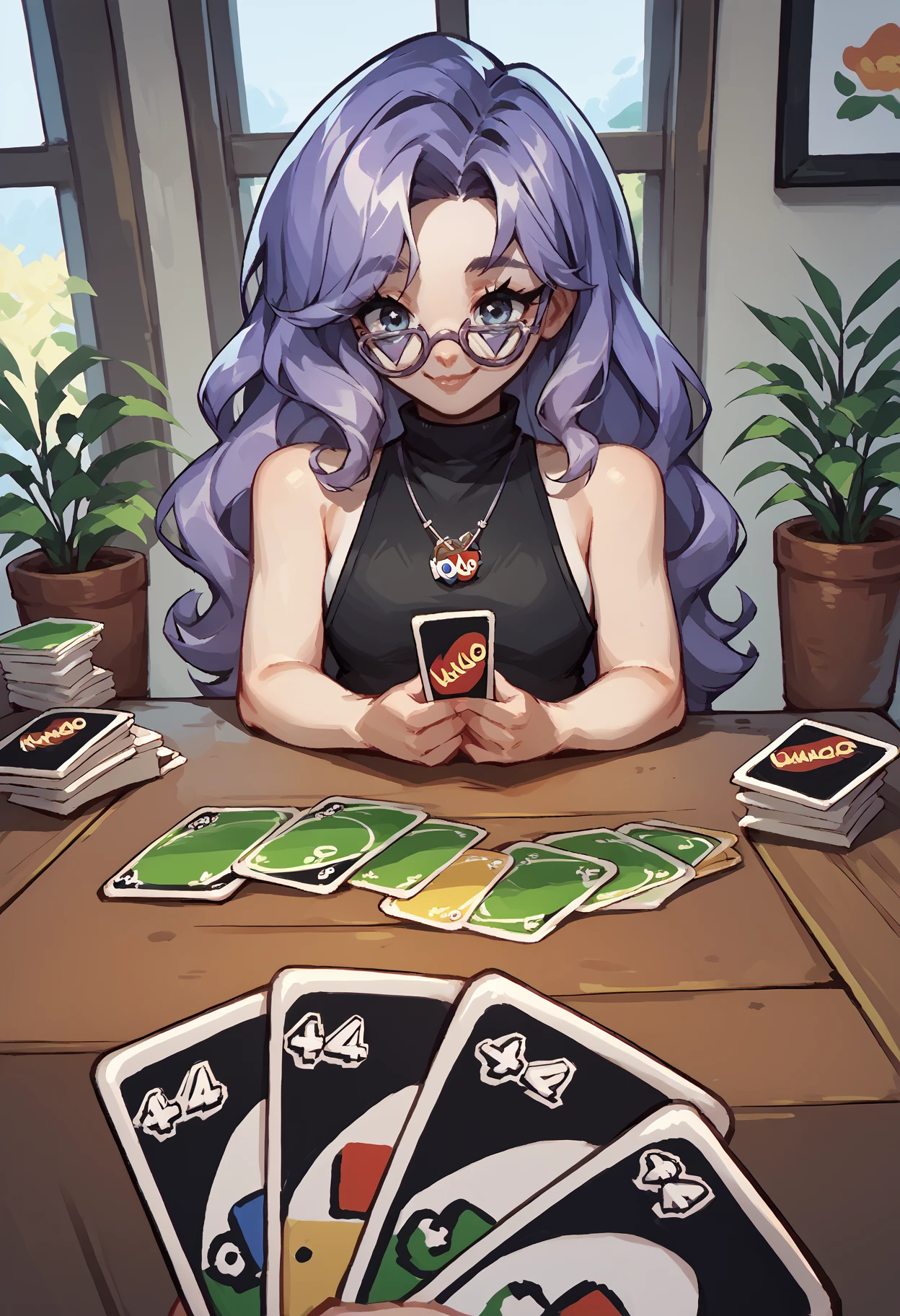 score_9, score_8_up, score_7_up, holding card, pov, playing card, table, smile, solo, 1girl, mamavale, looking at you, glasses, black sweater, sleeveless turtleneck, necklace, bare shoulders, indoors
<segment:yolo-face_yolov8m.pt,0.4,0.5//cid=1>