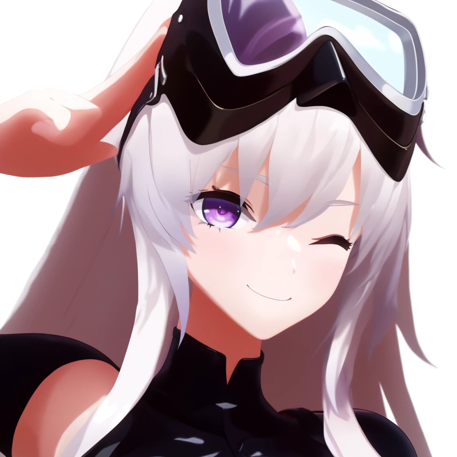 score_9, score_8_up, score_7_up, rating_explicit, source_anime, 
BREAK 
<lora:shiLaneV2:0.9>, 3d, 
1girl, solo, white hair, long hair, large breasts, black bodysuit, shiny clothes, shiny skin, latex, smile, looking at viewer, purple eyes, goggles on head, diving mask on head, portrait, meme, parody, head tilt, smile, blush,  <lora:shiPose:0.8> shipose, two-finger salute, one eye closed, tongue out, tongue, ;p, simple background, white background,shiny skin,