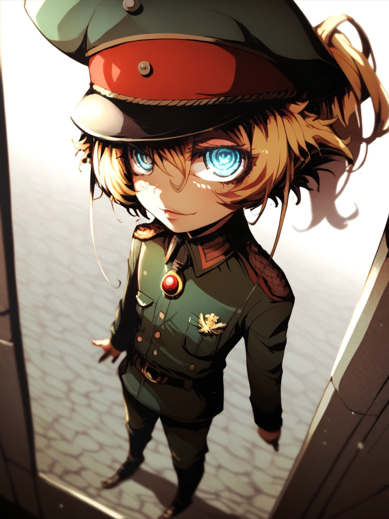 score_9, score_8_up, score_7_up, score_6_up, score_5_up, score_4_up, detailed eyes, beautiful eyes, <lora:PONYXL_FD-MegaBreastPack:0.5>  <lora:Youjo_Senki_LN_cover_artstyle:1> dulled colors, <lora:TanyaPonyV2:1> TanyaDegurechaff, military uniform, military hat, blonde hair, blue eyes, from above, looking over shoulder, standing in from of a big ornate window,