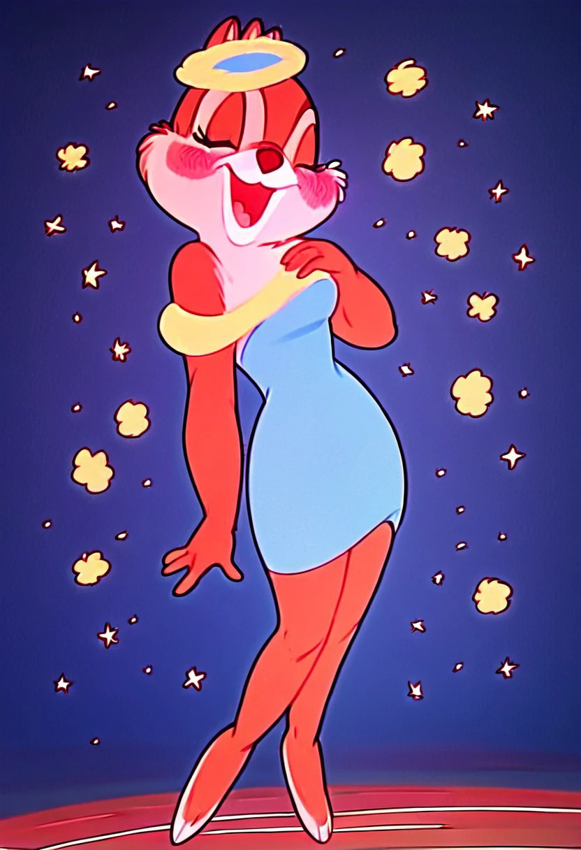 score_9, score_8_up, score_7_up, (best quality:1.1), ultra-detailed, great quality, anthro, high resolution, (((8k))), loudly singing, closed eyes, open mouth, hand on chest, blush, 1girl, blue eyes, smile, short dress, full body, chipmunk girl, female, long legs