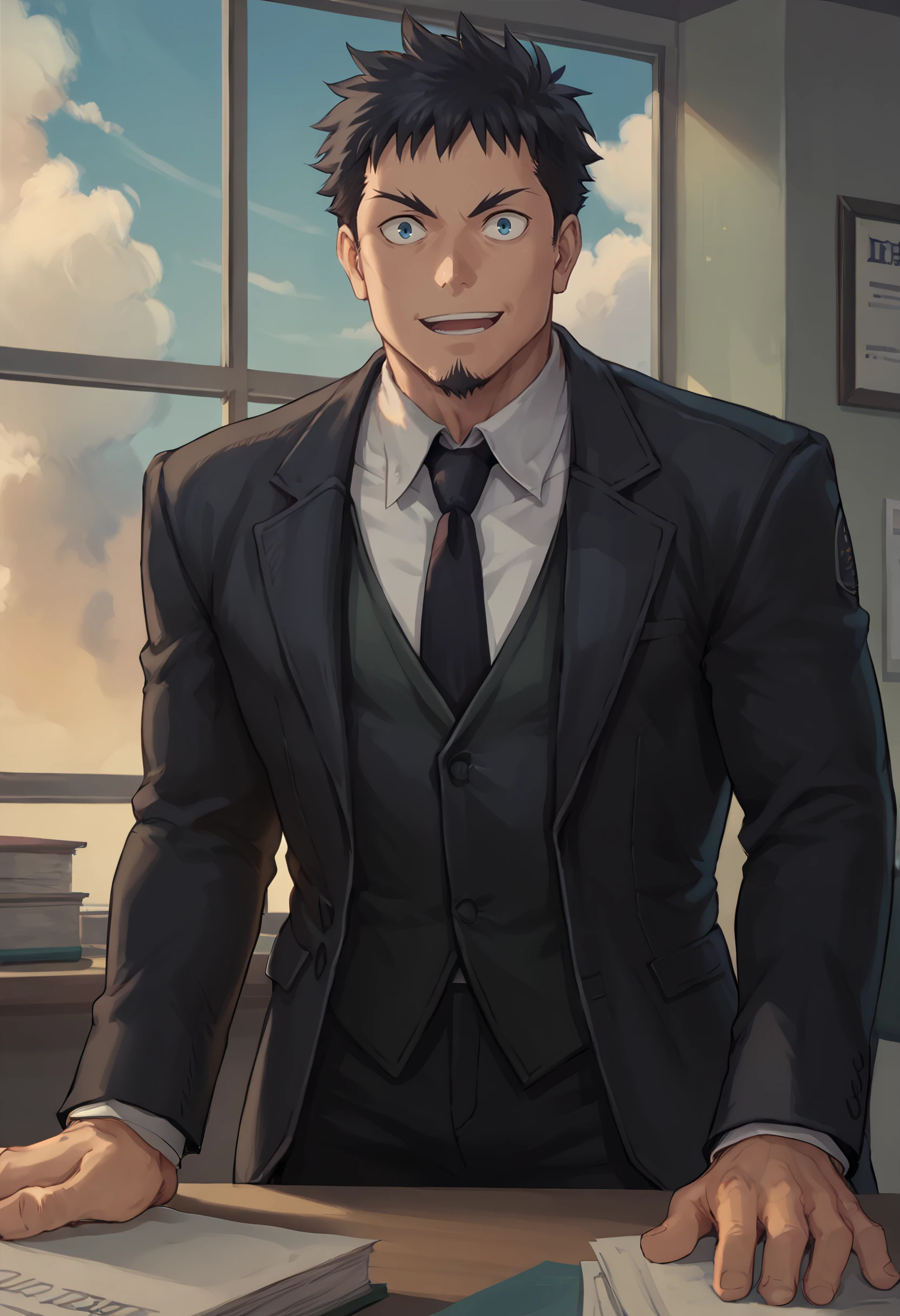 score_9, score_8_up, score_7_up, 1boy, solo,  looking at viewer, upper body, close-up, 
<lora:HibinoKafka_Dwnsty:0.8>, hibino kafka, black hair, blue eyes, mature male, goatee, facial hair, suit, pants, formal, necktie, 
smile, office, desk, window, cloudy sky, yawning,