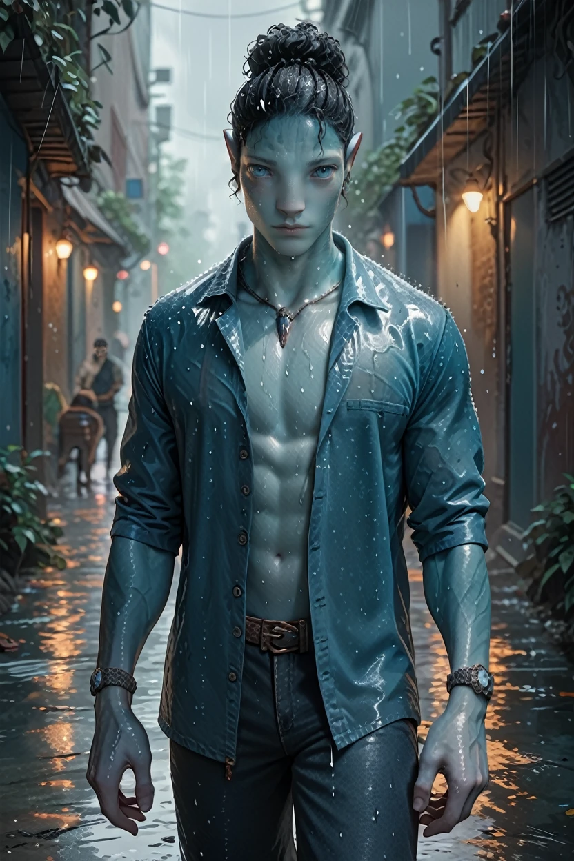 score_9, score_8_up, score_7_up, score_6_up
<lora:AvAonung:1.0>
AvAonung, 1boy, black hair, blue skin, blue eyes, looking at viewer, standing in the rain, dark alley, cowboy shot