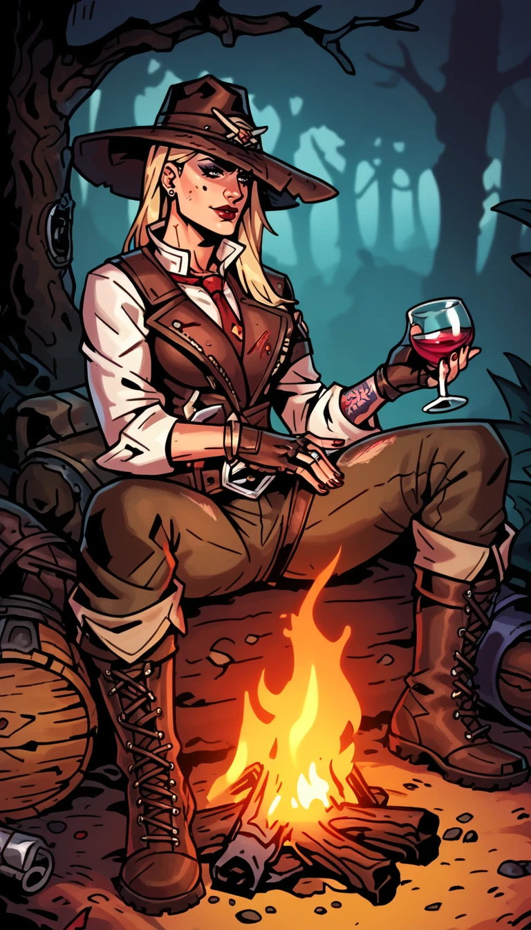 score_9, score_8_up, score_7_up, , multiple character, sitting around a campfire, campfire, camping, full body shot, camp supply, barrel, woods, sitting, wine glass, drunken, drinking, detailed background, wanderer, rogue, blonde hair, blood on clothes, , dark theme, low light, leather clothes,
<lora:Darkest_Dungeon_2_Style (1):0.7> , dd2
 <lora:asheow-guy-PONYv1:0.7> asheow, makeup, lipstick, tattoo , hat, necktie, cowboy hat, white shirt, jewelry, earrings,  fingerless gloves,