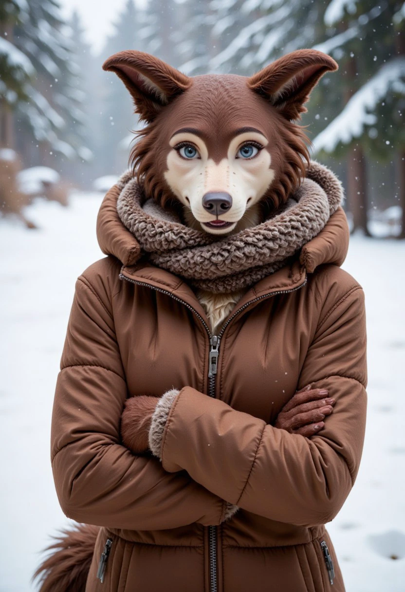 jun0, a beautiful, slender furry female wolf girl is wearing a winter outfit. She is outside in the snow. She is cold and shivering with her arms crossed. She has a wolf tail. The picture is photorealistic with highly detailed fur. The picture is a portrait focused close on her face.
