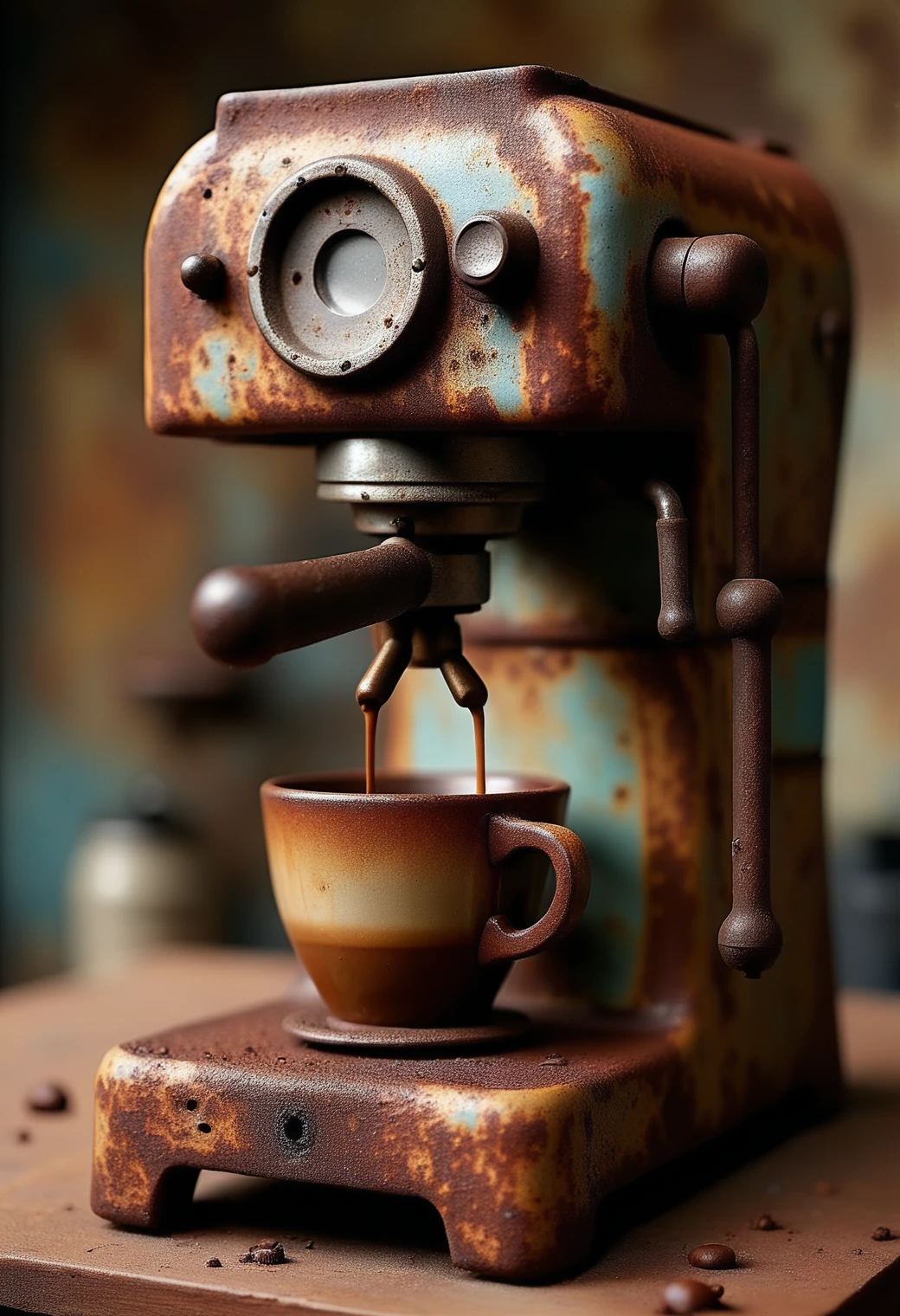 a coffee machine made out of Jed-Rst, Rusty,  masterpiece, full of details   ,<lora:RustyStyle:0.8>